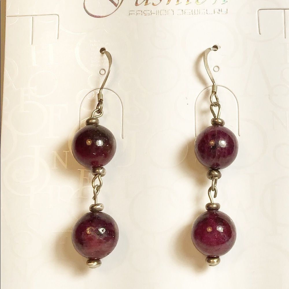 Ruby Zoisite & Sterling Silver Earrings, 2”, NEW